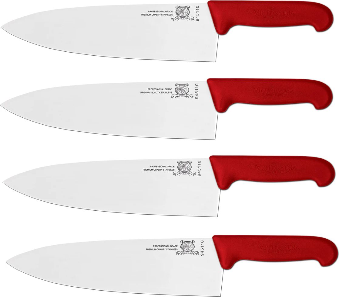 Omcan - 10” Red Super Fiber Handle Medium Cook's Knife, Pack of 3 - 23880