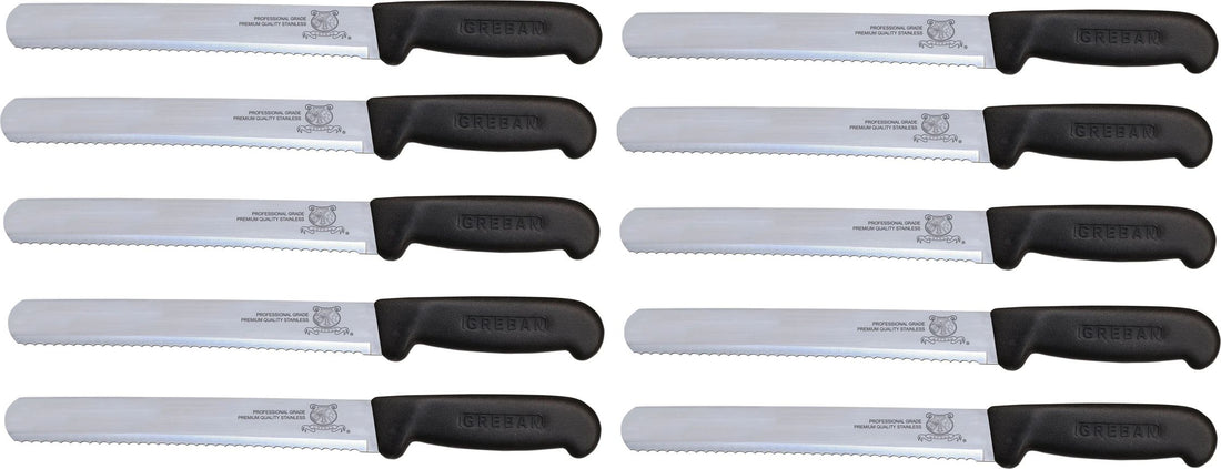 Omcan - 10” Straight Wave Edge Slicer Knife with Black Polypropylene Handle, Pack of 10 - 12644