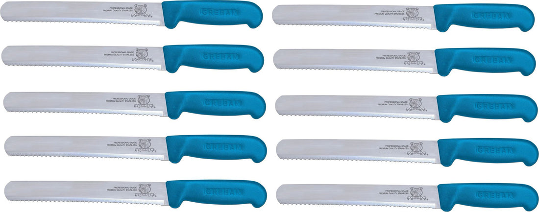 Omcan - 10” Straight Wave Edge Slicer Knife with Blue Polypropylene Handle, Pack of 10 - 12656