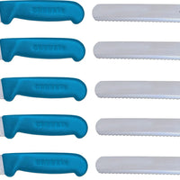 Omcan - 10” Straight Wave Edge Slicer Knife with Blue Polypropylene Handle, Pack of 10 - 12656