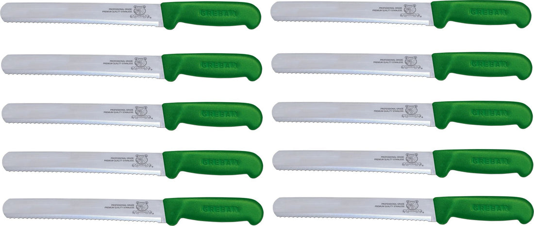 Omcan - 10” Straight Wave Edge Slicer Knife with Green Polypropylene Handle, Pack of 10 - 12662