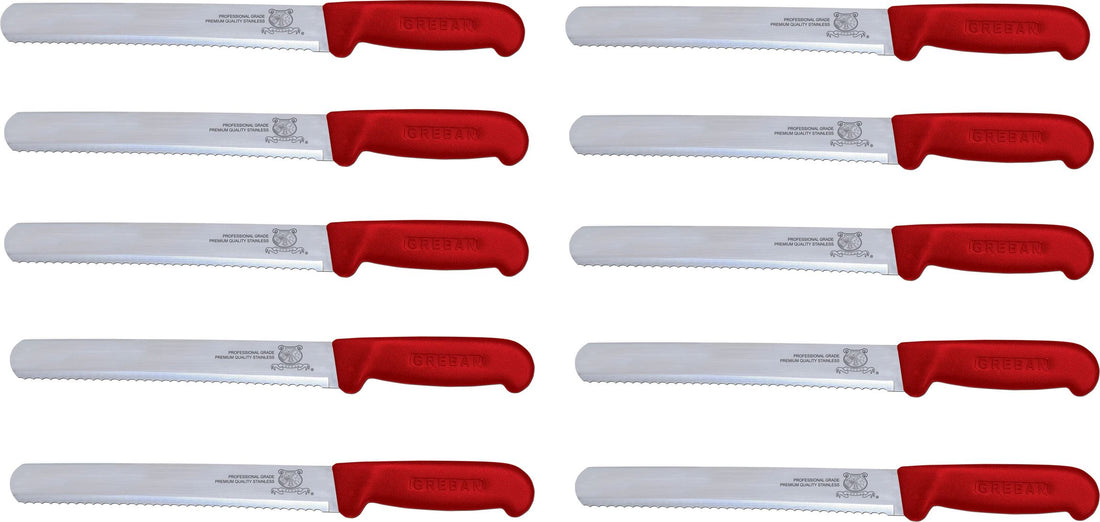 Omcan - 10” Straight Wave Edge Slicer Knife with Red Polypropylene Handle, Pack of 10 - 12668