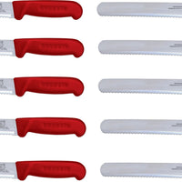 Omcan - 10” Straight Wave Edge Slicer Knife with Red Polypropylene Handle, Pack of 10 - 12668