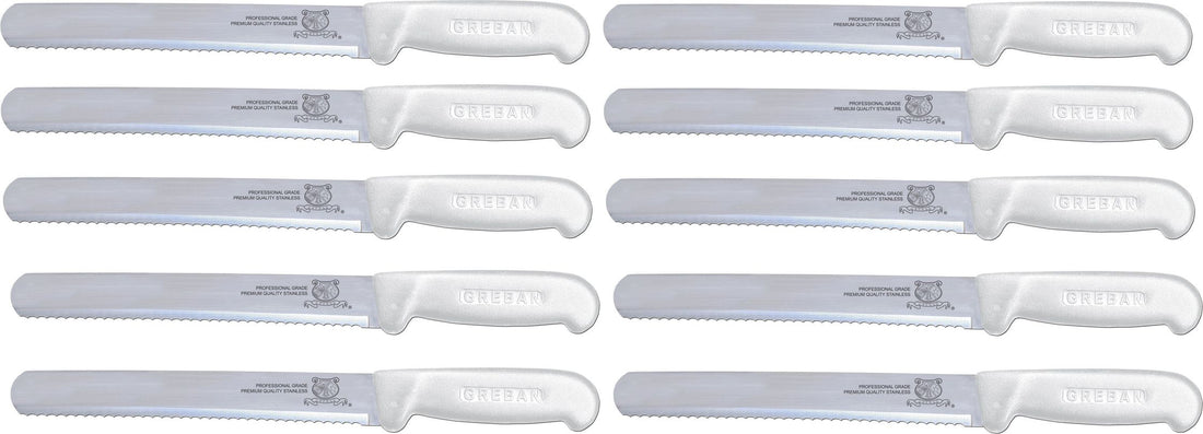 Omcan - 10” Straight Wave Edge Slicer Knife with White Polypropylene Handle, Pack of 10 - 12680