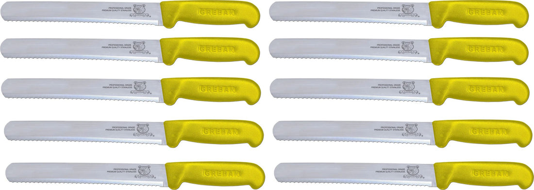 Omcan - 10” Straight Wave Edge Slicer Knife with Yellow Polypropylene Handle, Pack of 10 - 12672