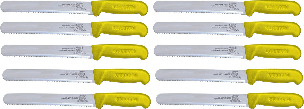 Omcan - 10” Straight Wave Edge Slicer Knife with Yellow Polypropylene Handle, Pack of 10 - 12672