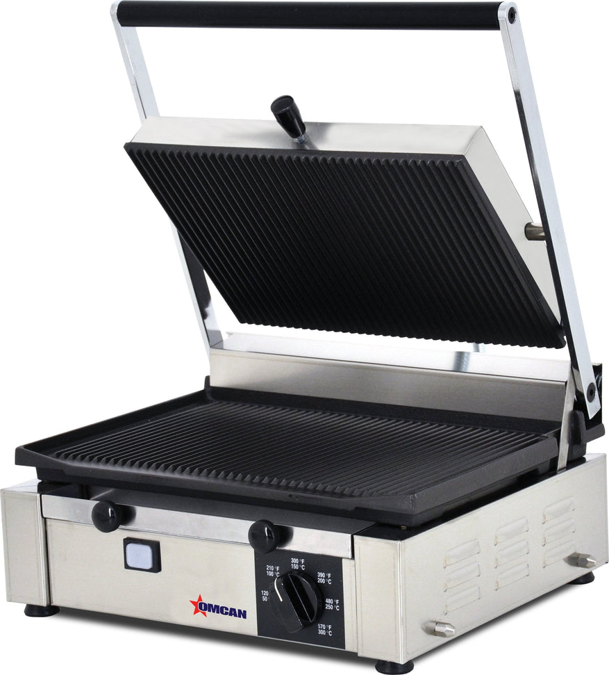 Omcan - 10" x 14" Single Panini Grill with Grooved Surfaces - 11377