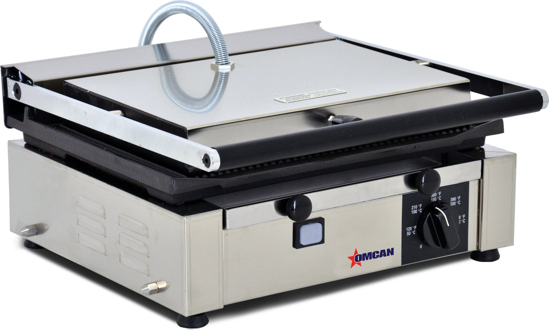 Omcan - 10" x 14" Single Panini Grill with Grooved Surfaces - 11377