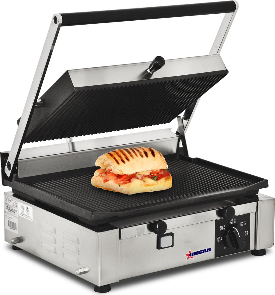 Omcan - 10" x 14" Single Panini Grill with Grooved Surfaces - 11377