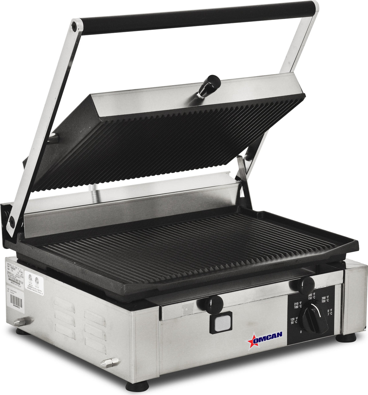 Omcan - 10" x 14" Single Panini Grill with Grooved Surfaces - 11377