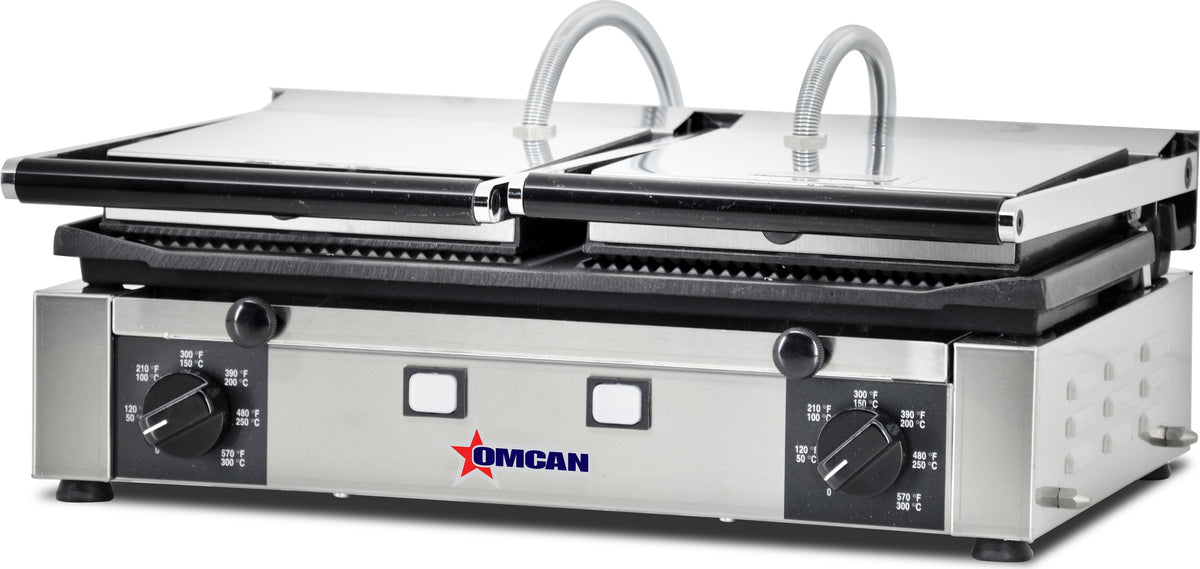 Omcan - 10" x 19" Double Panini Grill with Grooved Surfaces - 11378