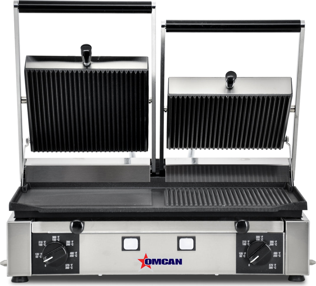 Omcan - 10" x 19" Double Panini Grill with Grooved/Ribbed/Smooth Surfaces - 11380