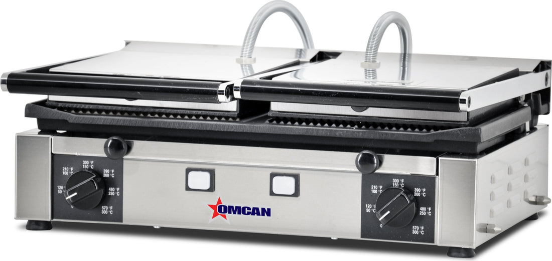 Omcan - 10" x 19" Double Panini Grill with Grooved/Ribbed/Smooth Surfaces - 11380