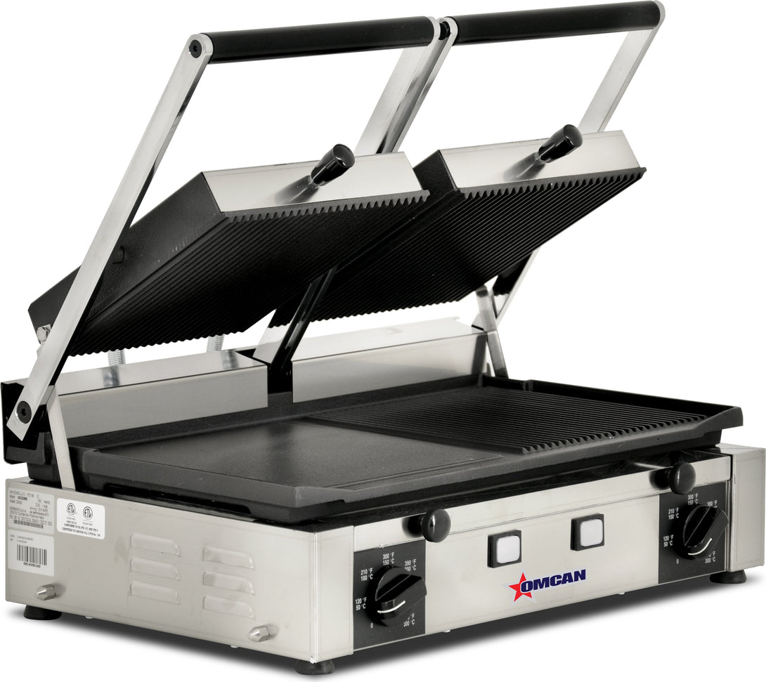 Omcan - 10" x 19" Double Panini Grill with Grooved/Ribbed/Smooth Surfaces - 11380