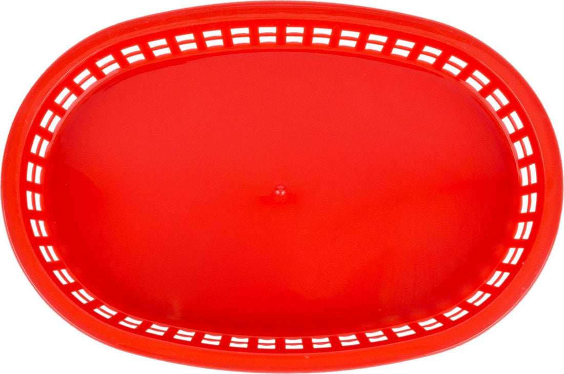 Omcan - 10" x 7" Red Plastic Oval Platter, Pack of 100 - 80356