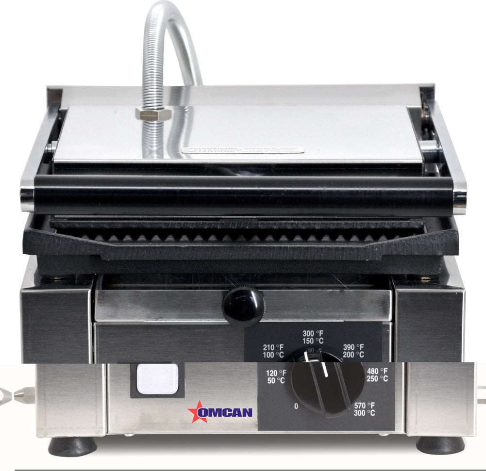 Omcan - 10" x 9" Single Panini Grill with Grooved & Smooth Surfaces - 11376