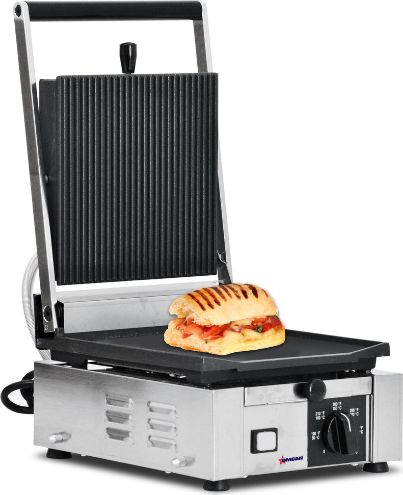 Omcan - 10" x 9" Single Panini Grill with Grooved & Smooth Surfaces - 11376