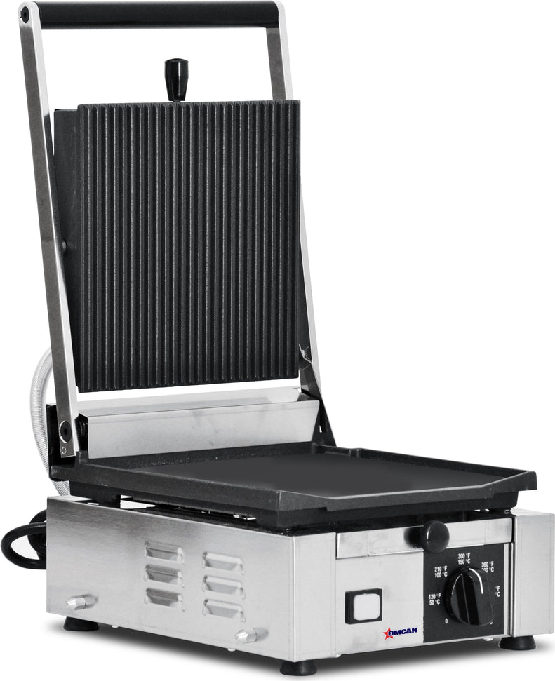 Omcan - 10" x 9" Single Panini Grill with Grooved & Smooth Surfaces - 11376