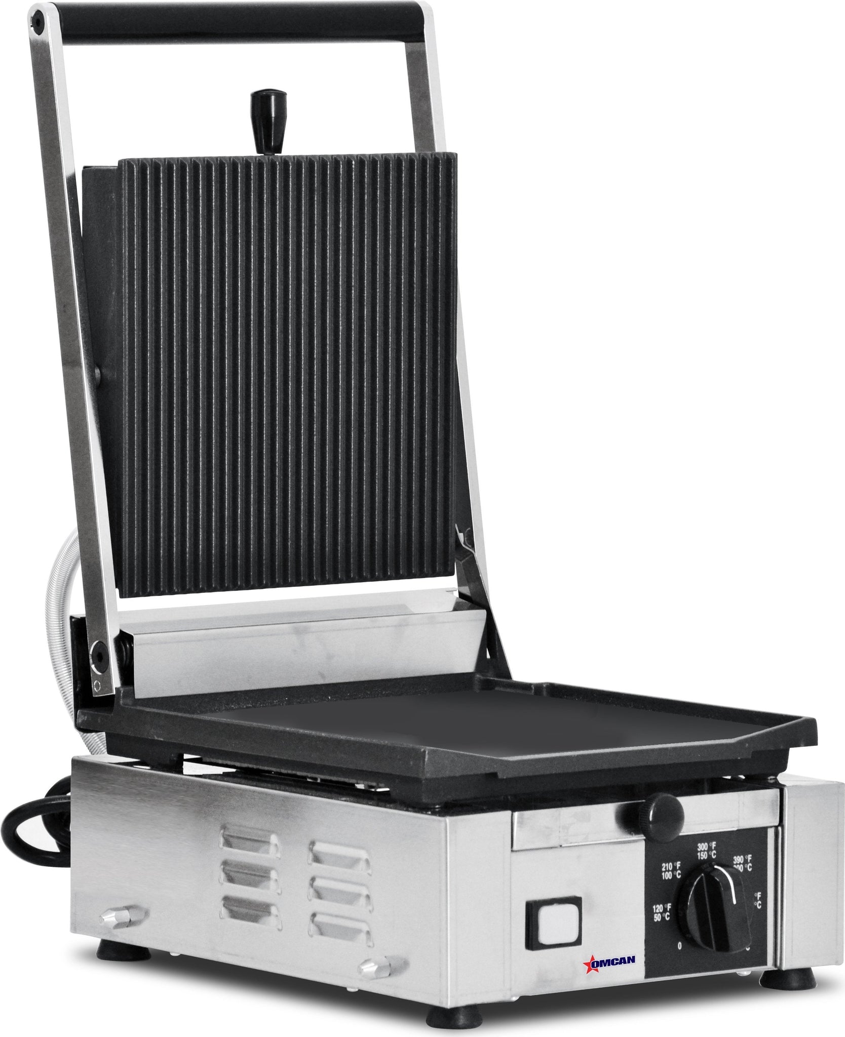 Omcan - 10" x 9" Single Panini Grill with Grooved & Smooth Surfaces - 11376