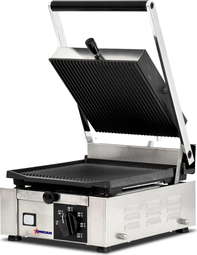 Omcan - 10" x 9" Single Panini Grill with Grooved Surfaces - 11375