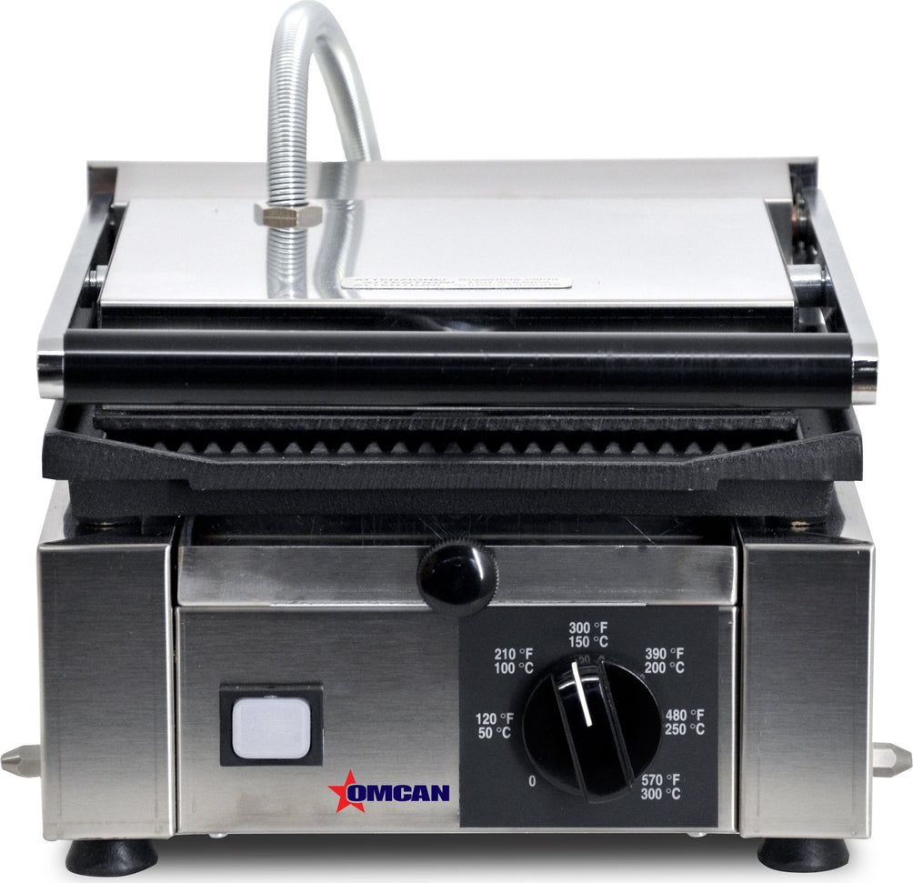 Omcan - 10" x 9" Single Panini Grill with Grooved Surfaces - 11375