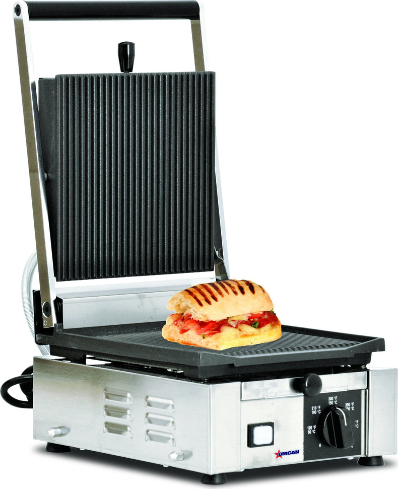 Omcan - 10" x 9" Single Panini Grill with Grooved Surfaces - 11375