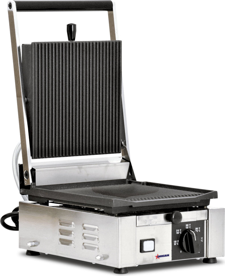 Omcan - 10" x 9" Single Panini Grill with Grooved Surfaces - 11375
