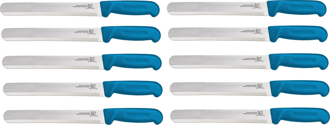 Omcan - 12” Straight Slicer Knife with Blue Polypropylene Handle, Pack of 10 - 12543