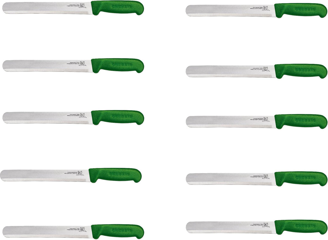 Omcan - 12” Straight Slicer Knife with Green Polypropylene Handle, Pack of 10 - 12547