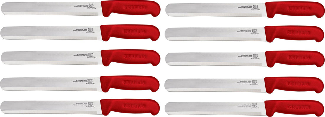 Omcan - 12” Straight Slicer Knife with Red Polypropylene Handle, Pack of 10 - 12553