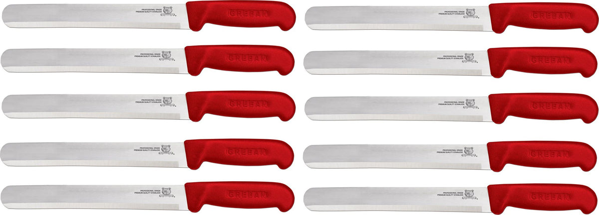 Omcan - 12” Straight Slicer Knife with Red Polypropylene Handle, Pack of 5 - 12553