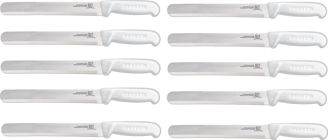 Omcan - 12” Straight Slicer Knife with White Polypropylene Handle, Pack of 10 - 12566