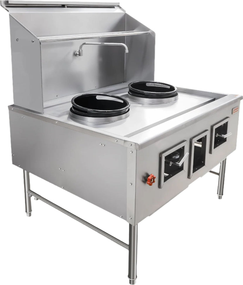 Omcan - 13" Two Chambers Natural Gas Wok Range with Backsplash and Faucet - 47726