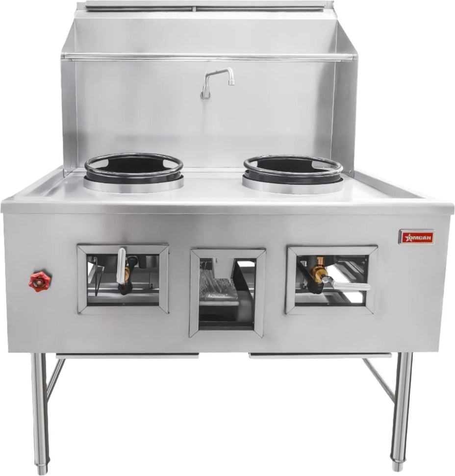 Omcan - 13" Two Chambers Natural Gas Wok Range with Backsplash and Faucet - 47726