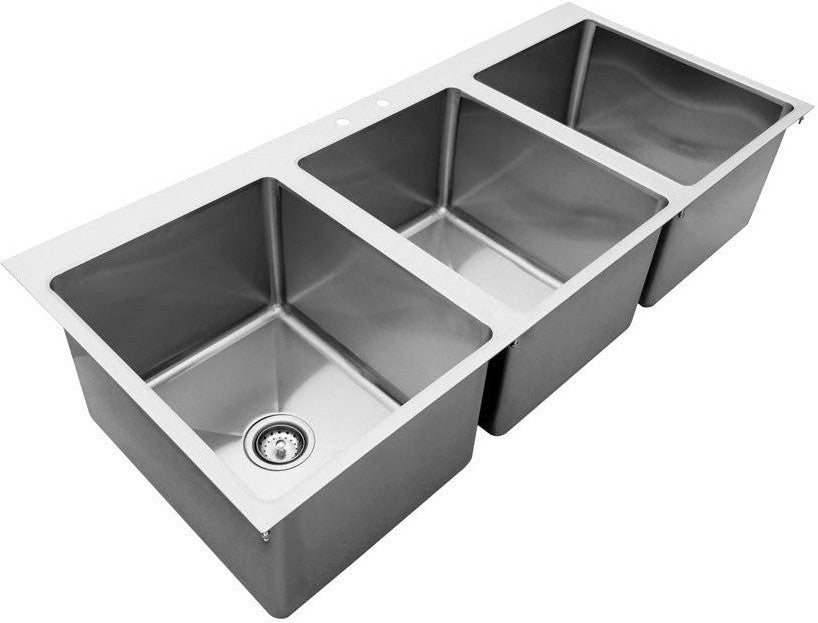Omcan - 16″ x 20″ x 12″ Stainless Steel Three Tub Drop in Sink with Flat Top and 3.5" Drain Basket - 44604