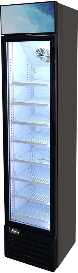 Omcan - 16.5″ Slim Glass Door Black Display Refrigerator with Lightbox and 145 L Capacity - 47240
