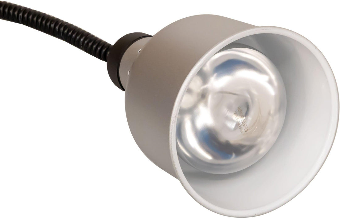 Omcan - 250W Heat Lamp Ceiling Mount, 30" - 80" Retractable Cord with Silver Dome Shade - 48088