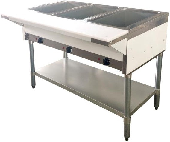 Omcan - 3 Pan Open Well Natural Gas Steam Table with Cutting Board and Undershelf - 47343