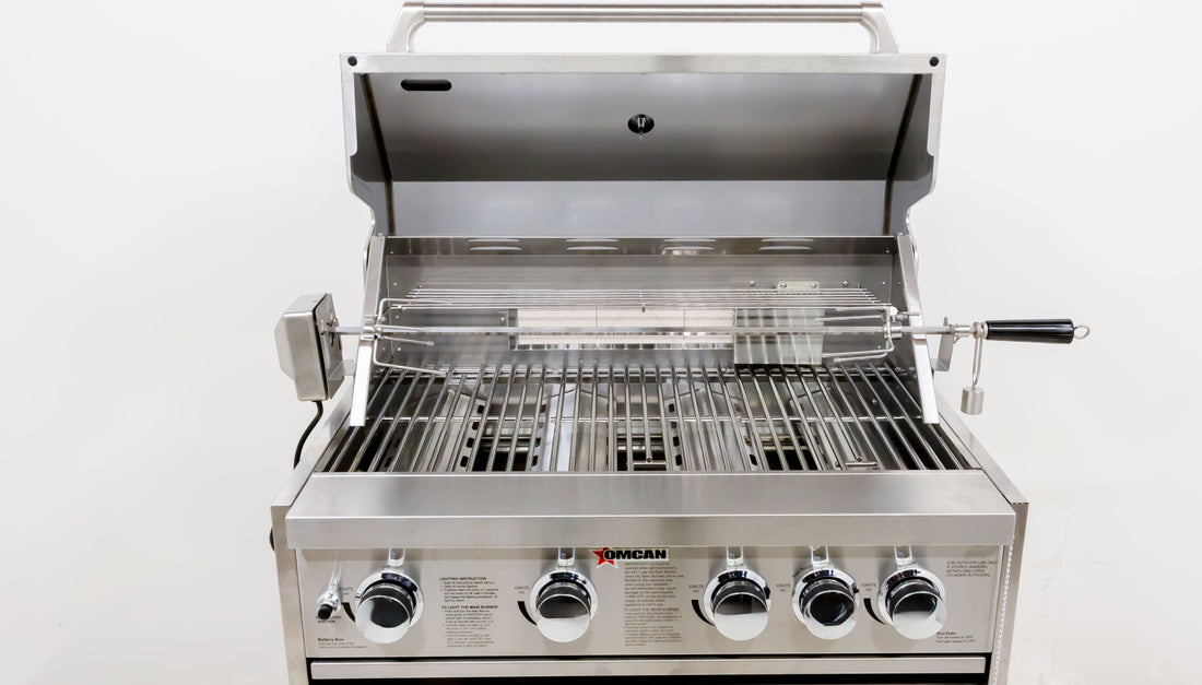 Omcan - 30", 5 Burners Propane Gas BBQ Grill with 58,000 BTU and Rotisserie Kit, Warming Rack - CE-CN-0030-B LP