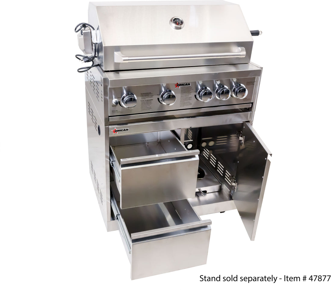 Omcan - 30", 5 Burners Propane Gas BBQ Grill with 58,000 BTU and Rotisserie Kit, Warming Rack - CE-CN-0030-B LP