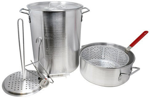 Omcan - 30 Qt Turkey Fryer and 10 Qt Fish Fryer/Boiler/Steamer Pack with Lid, 2 Baskets/Rack/Hook/Thermometer and Injector, Pack of 6 - 47172