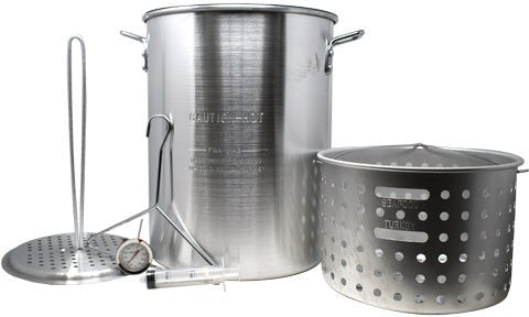 Omcan - 30 Qt Turkey Fryer and 10 Qt Fish Fryer/Boiler/Steamer Pack with Lid, 2 Baskets/Rack/Hook/Thermometer and Injector, Pack of 6 - 47172