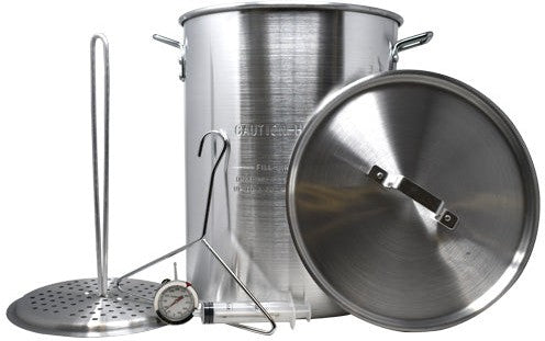 Omcan - 30 Qt Turkey Fryer and 10 Qt Fish Fryer/Boiler/Steamer Pack with Lid, 2 Baskets/Rack/Hook/Thermometer and Injector, Pack of 6 - 47172