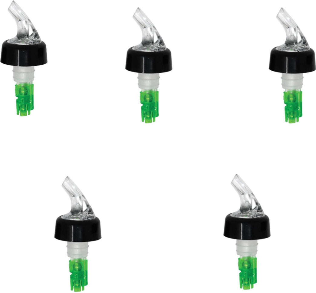 Omcan - 3/4 Oz Clear Spout With Green Tail Measured Liquor Pourer with Collar, Pack of 5 - 80879