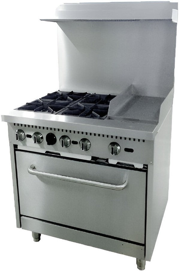 Omcan - 36″ 30,000 BTU Commercial Natural Gas Range with 4 Burners, 12″ Griddle and Standard Oven -46025