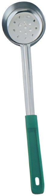Omcan - 4 Oz One-Piece Stainless Steel Perforated Portion Control Spoon with Green Handle, Pack of 30 - 80784