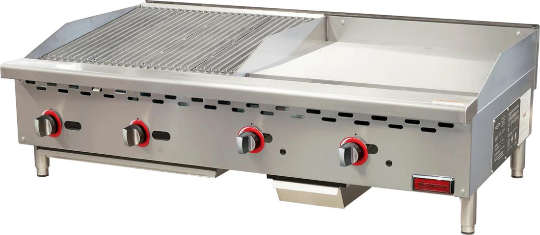 Omcan - 48″ Countertop 130,000 BTU Gas Combination Charbroiler and Griddle Combo - 48297