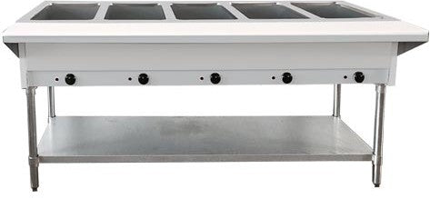 Omcan - 5 Pan Open Well Propane Steam Table with Cutting Board and Undershelf - 47365