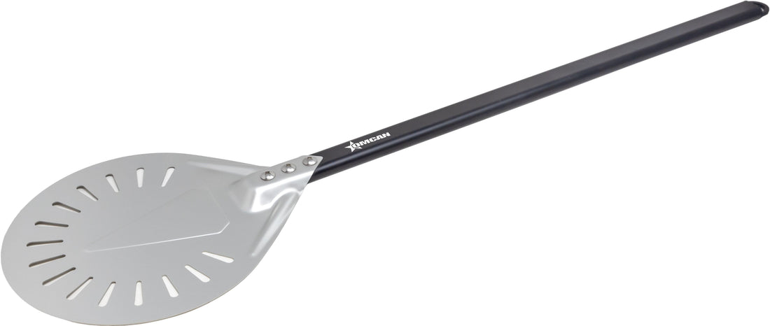 Omcan - 54.3" Perforated Aluminum Pizza Peel with 8” Round Blade, Pack of 3 - 81189