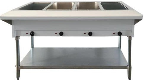 Omcan - 58″ 4 Pan Open Well Electric Steam Table with Cutting Board and Adjustable Undershelf - 46647